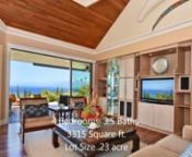 Price Reduced to &#36;2,079,000n104 Woodrose Place is located on a quiet cul-de-sac on the beautiful island of Maui within the desirable gated Kapalua subdivision of Pineapple Hill. Upon entering this spacious 3,315 sq. ft. single family home, you won’t be able to take your eyes off the mesmerizing, panoramic views spanning the Pacific Ocean and the islands of Lana’i and Moloka’i. Enjoy the most magnificent nightly sunsets and Humpback whale watching in season.nCustom cedar vaulted ceilings, h