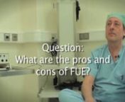www.villnowclinic.co.uk nnDr Villnow explains whatthe pros and cons of the FUE method of hair transplantation are.nn0.12 My name is Dr Villnow. I’m a hair transplant surgeon and I’ve done hair transplantation for over twenty years.nn0.21 You use the FUE method. How does it work?nn0.25 The FUE technique works in this way, that you come for the operation and you can have breakfast and feel good and then we shave the side of your head and with very small punches we take away the grafts. And a