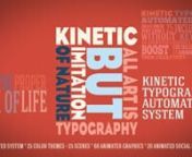 Coming soon on videohive.netnAutomated Kinettic Typography System template for after effects.n6 included complete prebuilt storyboards.n25 included scenesn25 color themesnAutomated Color managementnAutomated moves and transitions management (no keyframing)n60 included animated graphicsn20 included animated social networks iconsn and more...nnnVideo tutorials:nTutorial 01: Package&#39;s content - https://vimeo.com/88902100nTutorial 02: How to use scen files ? - https://vimeo.com/88902721nTutorial 03