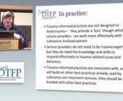 Robin Cuff, Manager, Drug Treatment Court, CAMH and Ontario DTFP Trauma Project Advisory Committee Member, presents highlights from the project and the guidelines.nnFor more information, visit: http://eenet.ca/dtfp/developing-guidelines-for-trauma-informed-practices-in-womens-substance-use-services/