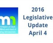 Misty Schomberg, a white woman wearing a black shirt standing in front of a grey screen, provides the ASL version of the following update:nnLegislative Update: April 4, 2016nn• Division of Healthy Aging Bill hearing last weekn• Update on Criminal Justice Bill n• 3 hearings this weekn• Insurance Coverage Bill stallsnnDivision of Healthy Aging bill hearing last week nOn Wednesday there was a hearing on the bill to study a Division of Healthy Aging within the Department of Health, HF 3036,
