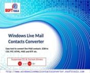 Live mail address book import to Outlook PST, MSG, vCard and CSV file format with advanced live mail contacts converter software. This is smartest application and allows conversion of live mail contacts either in existing Outlook or creates new PST to save address book.nRead more:nhttp://www.livemailaddressbookrecovery.esofttools.com/