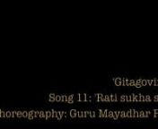 The &#39;Gitagovinda&#39; is a Sanskrit text written in the 12th century AD by the poet Jayadeva. Odissi guru Mayadhar Raut choreographed this piece on the 11th song of the &#39;Gitagovinda&#39; in the 1960s for Odissi dancer and teacher Smt Aloka Panikar. nHere, gestures from the texts &#39;Abhinayadarpanam&#39; and &#39;Abhinaya Chandrika&#39; are used to narrate the story of love between Radha and Krishna in the voice of the Sakhi, develop the emotional states of separation and longing, and visualise the role of nature in e