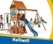 Big Backyard Premium Halliwell Wooden Play Set / Swing SetnnThe Halliwell combines all of the activities children love and the safety parents look for with an appealing design that looks great in any backyard!nnThe Upper Clubhouse with Decorative Windows is covered by a beautiful Wooden Roof providing the perfect space for all kinds of fun activities! Your children will stay active as they access the upper clubhouse with the Rock-climbing Wall (with multi-colored rocks) or challenge themselves a