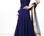 Anarkali suit featuring in navy blue net.nBodice is enhanced in raw silk with zardosi embroidery.nChuridar is in navy blue lycra and dupatta in net with lurex border.nLength is 56