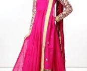 Pink anarkali suit featuring in georgette.nBodice is in raw silk with armhole and sleeve embellished in zari embroidery.nChuridar is in pink santoon and dupatta in pink silk with zari embroidered flower and lurex border.