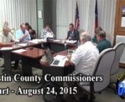 The Austin County Commissioners Court met Monday August 24, 2015 at 9:00 AM to discuss county business.The following video is of those proceedings.nn1. Petitions or Requests from the Public.(00:01:34 – 00:03:58 of the video)n2. PUBLIC HEARING ON BUDGET (00:03:58 – 00:25:47 of the video)n3. Discussion regarding effective tax rate and revenues and action as appropriate. n4. Consideration and possible action to set proposed salaries and allowances for county officials. (Discussion on item
