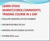We teach beginners simple way to trade Stocks, Futures &amp; Options. Our training module is easy to follow, Duration is one day and one month onlinesupport till you can trade on your own.nnCOURSE INCLUDESnnWe teach trading on live marketnwe give support online till you can trade on your ownnIt’s a one2one trainingnIntroduction of chameleon techniquenInstallation of custom indicatorsnMoney managementnHow to use hedging techniques to reduce your risknopening of