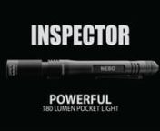 The INSPECTOR is an innovative, powerful pocket light that outputs 180 lumens, with 3 light modes and 3x adjustable zoom that provide the perfect amount of light for any situation. The INSPECTOR is also waterproof (IP67) and features a removable steel clip and Soft-Touch Technology, which provides momentary operation when the light is off, with the slight touch of the button.nnPurchase: https://www.nebotools.com/p/INSPECTOR/589nn3 LIGHT MODESn• HIGH (180 lumens) - 2 hours / 84 metersn• LOW (