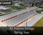 All Purpose Storage is a 31,090 net rentable square foot self storage facility located in Spring, Texas. The property is sits on 2.62 acres with 5 single story buildings consisting of 159 drive-up non climate storage units, 67 climate control units, and 25 outdoor parking spaces. There’s also an 1800 foot garage space that was built in 1985. The self storage units were built in 4 phases between 1997 and 2004 and are metal framed construction. The facility has numerous amenities including but n