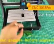 #cnc #laserengravingn3018Pro Laser Engraving Machine CNC 3 Axis Milling DIY MINI Laser Engraver For Sculpture WnnParameter Description:nControl software: GRBL controlnMaterial: aluminum + bakelite + injection partsnWorking area: 300 * 180 * 40mmnFrame size: 400 * 330 * 240mmn775 spindle motor: 24V 10000 revolutionsnStepper motor 1.3A 0.25N.mnPower: 24 V 5AnSystem support: Windows XP / Win 7 / Win 8 / Win10nLaser : 500MW, 2500mw, 5500mw, 15000mwnNumber of axes: X axis, double Y axis, Z axisnPacka
