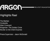 Some of Argon&#39;s previs highlights for Alien Covenant, Murder on the Orient Express, The Martian, Cinderella and Kingsman: The Golden Circle.