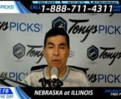 Go to: https://www.tonyspicks.com The Nebraska Cornhuskers will battle Illinois Fighting Illini in an NCAA College Football game Friday September 29th, 2017. College football pick prediction odds Nebraska -6.5 with over under odds 46. It will air on Fox Sports 1. College football premium pick predictions for this week are available and given quickly to preview readers following the below info.nnStart Time: 8PM ETnnLocation: IllinoisnnDate: Friday September 29th, 2017nnTV:FOX Sports 1nnNCAA F