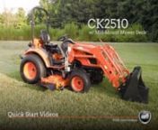 This video is an introduction to the layout and controls on the KIOTI CK2510 compact tractor with instructions on attaching and detaching the KM2560 drive over mower deck. *Model(s) shown may have optional features and accessories. Specifications, design and features are subject to change without notice. Consult your owners manual for complete details. For more information on KIOTI models please visit KIOTI.com or your local authorized KIOTI Tractor dealer.