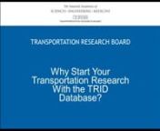 TRID is the Transportation Research Board (TRB)&#39;s ultimate tool to search for transportation research, and is free to use. This introduction will give an overview of how TRID can make your transportation research relevant and efficient.