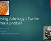 The Twelve-Letter Alphabet, sometimes called the twelve “Archetypes,” underlies much of modern Western astrology. In my view, this has led to the distortion of much of astrology’s fundamental symbolism.nnThis lecture, the result of many years of frustration with the conventional presentation of astrology, has as its goal that astrologers question their explicit and implicit use of the Twelve Letter Alphabet. A case can be made for putting this system away forever, and I attempt to make tha