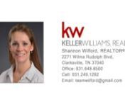 3765 Windmill Ln Clarksville TN 37040 &#124; Shannon WilfordnnShannon WilfordnnHello, My name is Shannon Wilford, of Team Wilford, and welcome to my website! Whether you are planning to buy, sell or lease, it would be my privilege to serve ALL of your real estate needs. Being a professional realtor as well as a military spouse, I understand the stresses that come with moving and I hope to have the opportunity to put your mind at ease. I&#39;ve been fortunate enough to be a resident of the Clarksville /Oa