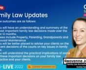 This recorded one hour CPD-LIVE webinar with Geovanna Jammo discusses Family Law Updates 2022.nnLearning outcomes:n- You will have an understanding and summary of the latest important family law decisions made over the last 12 months. (Cases include Property, Parenting and Spousal Maintenance)n- You will be better placed to advise your clients on the recent decisions of the courts on key issues in family law.n- You will understand the practical implications of some of these important decisions o