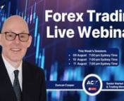Register Here: https://acy.com.au/en/education/webinarsnn09nAUGnForex Trading - Live Market AnalysisnnTue,7:00PM SYDNEY TIMEn60 minsnDuring this webinar, Duncan Cooper will review 12 currency pairs, determine the key support and resistance trading levels for the week ahead, discuss his favourite risk to reward trading opportunities, and answer your trading questions.nnn10nAUGnHow To Trade The Head &amp; Shoulders PatternnnWed,7:00PM SYDNEY TIMEn60 minsnDuncan Cooper will teach you how to trade t