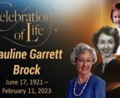 Pauline Garrett Brock, 101, of Lubbock, Texas, passed away February 11, 2023.nPauline was born on June 17, 1921 in Gholson, Texas to James Gar-rett and Dora Effie Kidd Garrett. Their family farmed, gardened, raised chickens, and kept milk cows. Pauline learned to sew at a young age and loved designing dresses from flour sack fabric. She grew up to become an accomplished seamstress and designer. Dur-ing WWII, Pauline worked for Consolidated Air, laying out radio cir-cuit boards. After the war, sh