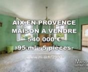 Retrouvez cette annonce sur le site ou sur l&#39;application Maisons et Appartements.nnhttps://www.maisonsetappartements.fr/fr/13/annonce-vente-maison-aix-en-provence-2868925.htmlnnRéférence : 2900-ETHnnRéférence : 2900-ETH - Maison - T5 - 95m2 - Aix-En-Provence - 13090 - CalmennM-OI Aix-En-Provence (Commune) vous propose à la vente cette maison de type 5 de 95m2 sur une parcelle de 2640m2.nL&#39;adresse du bien, la vidéo de visite virtuelle et toutes les informations financières sont disponibles