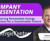 Welcome to seat11a, in today’s video we are presenting Peter Alex, Head of Investor Relations of Energiekontor AGnnPeter will present the Company Presentationnn▶️ Visit us: https://seat11a.com/nn▶️ In this video Peter explains:n00:00 Energiekontor AGn00:10 Introductionn00:17 Business Divisionsn01:28 Geographical Exposuren01:59 Track Recordn02:39 Germany: Wind Energy Capacityn03:12 Germany: Solar Energy Expansionn03:25 Renewable Energy Goaln04:02 Growth Modeln04:55 Most Important Assetn