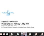 00:00:00 An overview of the Flex-Rail project work; Thomas H Zunder, Newcastle University;n00:10:18 The work of the TER4RAIL sister project to Flex-Rail; Armando Carillo, EURNEX;n00:42:19 The IMPACT-2 model for Shift2Rail; Ida Kristoffersson, VTI; Michael Meyer zu Hörste, DLRn01:07:09 The modelling results of the Flex-Rail project; Ming Chen TNO and Marco Brambilla TRT;n01:41:02 The recommendations of the Flex-Rail project for Governance, Research and Innovation; Thomas H ZundernnNote time c