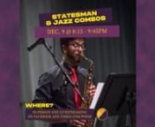 Program: https://bit.ly/3IDbZyannWest Chester University Wells School of Music proudly presents...nStatesmenDan Cherry, directornnOpening the evening are WCU Student Combos in a variety of small-group improvisation. Combos meet weekly during the semester and are led by expert faculty. Join the Statesmen Jazz Ensemble for the second half featuring a broad selection of music from the canon of jazz and improvisatory literature.nnMore Information: wcupa.edu/music/ensemblesnnAll faculty, staff, stu