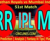 More Prediction on www.criclines.comnToday Match PrediToday Prediction of Rajasthan Royals vs Mumbai Indians 51st Match IPL 2021. Today’s match prediction of Indian Premier League 2021. We provide 100 % sure today cricket match prediction tips by raja babu. Who will win today’s match RR vs MI? IPL T20 toss prediction. Live score with ball by ball prediction. Cricket toss prediction.
