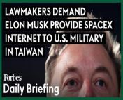 Rep. Mike Gallagher, who led a delegation to Taiwan this week, said in a letter to Musk that SpaceX could possibly be in breach of its “contractual obligations with the U.S. government.”&#60;br/&#62;&#60;br/&#62;A group of U.S. lawmakers are calling on Elon Musk to make SpaceX’s Starshield military-specific satellite communications network available to American defense forces in Taiwan after years of refusing to do business in the country.&#60;br/&#62;&#60;br/&#62;In a letter to Musk obtained by Forbes, Rep. Mike Gallagher (R-WI) reminded the billionaire of SpaceX’s contractual obligation to provide the U.S. Department of Defense with “global access” to its satellite internet services. He noted that the Pentagon is committing “tens of millions of dollars” over the next year to StarShield, which uses low-Earth orbit satellites to provide communications and observational imagery to the military. “I understand that SpaceX is possibly withholding broadband internet services in and around Taiwan — possibly in breach of SpaceX’s contractual obligations with the U.S. government,” Gallagher, who is chair of the Select Committee on the Chinese Communist Party, wrote in the letter dated February 24.&#60;br/&#62;&#60;br/&#62;Read the full story on Forbes: https://www.forbes.com/sites/davidjeans/2024/02/24/elon-musk-taiwan-spacex-starshield/?sh=117fc7227c1e&#60;br/&#62;&#60;br/&#62;Forbes Daily Briefing shares the best of Forbes reporting on wealth, business, entrepreneurship, leadership and more. Tune in every day, seven days a week, to hear a new story. Subscribe here: https://art19.com/shows/forbes-daily-briefing&#60;br/&#62;&#60;br/&#62;Fuel your success with Forbes. Gain unlimited access to premium journalism, including breaking news, groundbreaking in-depth reported stories, daily digests and more. Plus, members get a front-row seat at members-only events with leading thinkers and doers, access to premium video that can help you get ahead, an ad-light experience, early access to select products including NFT drops and more:&#60;br/&#62;&#60;br/&#62;https://account.forbes.com/membership/?utm_source=youtube&amp;utm_medium=display&amp;utm_campaign=growth_non-sub_paid_subscribe_ytdescript&#60;br/&#62;&#60;br/&#62;Stay Connected&#60;br/&#62;Forbes newsletters: https://newsletters.editorial.forbes.com&#60;br/&#62;Forbes on Facebook: http://fb.com/forbes&#60;br/&#62;Forbes Video on Twitter: http://www.twitter.com/forbes&#60;br/&#62;Forbes Video on Instagram: http://instagram.com/forbes&#60;br/&#62;More From Forbes:http://forbes.com&#60;br/&#62;&#60;br/&#62;Forbes covers the intersection of entrepreneurship, wealth, technology, business and lifestyle with a focus on people and success.
