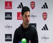 Arsenal manager Mikel Arteta reacts to Ramsdale&#39;s mistake giving Brentford an equalising goal going into half time, Havertz&#39;s late winning goal and tomorrow&#39;s title race match&#60;br/&#62;&#60;br/&#62;Emirates Stadium, London, UK