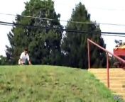This kid demonstrates how fast you can stop when you ride your bike on a rail with rear pegs.