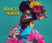 Prompt Midjourney : A black woman with colorful African flowers in her hair, wearing a pink and blue jacket and yellow earrings. She has vibrant makeup and is surrounded by bold colors. The text &#92;