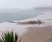 Work on a breached river culvert at Tenby’s South Beach from chubby beach