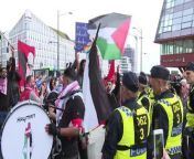 The war in Gaza looms over the Eurovision song contest, with thousands taking to the streets of host city Malmo, in Sweden, to protest against Israel&#39;s participation in the event.