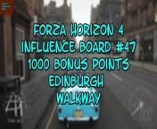 This video from FORZA HORIZON 4 and is for those of us that like to find and collect things. In this video, we will find my 47th INFLUENCE BOARD to destroy and this one was good for 1000 BONUS POINTS and it was located in the EDINBURGH area of the map, on a WALKWAY.FYI, I am moving many of my videos from my YouTube channel to my Dailymotion channel, please check it out.