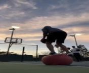This man performed some impressive basketball trick shots while balancing on a medicine ball. While his friend tossed the basketballs to him, he made the shots and landed all of them.&#60;br/&#62;&#60;br/&#62;“The underlying music rights are not available for license. For use of the video with the track(s) contained therein, please contact the music publisher(s) or relevant rightsholder(s).”