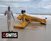 This footage shows a plane upside down on a beach in Florida following a crash - and the pilot stepping out unscathed.TikTok creator Joseph Cook was walking down a beach on Anastasia Island with his metal detector when he heard a crash and saw a plane crashing nose first into the beach.The footage shows Joseph beginning to dig something out from the sand when he suddenly hears a noise and begins to run. He can be heard screaming: &#92;