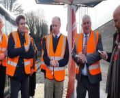 Dudley North MP Marco Longhi, Dudley Council Leader Patrick Harley and Minister of State for Rail and HS2 Huw Merriman talk about the new Very Light Rail National Innovation Centre in Dudley as part of the minister&#39;s visit