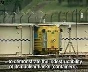 A train crashes into a nuclear container at 100mph (161 km/h) to prove its indestructibility.
