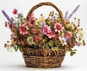 Prompt Midjourney : Summer season floral arrangement in a handcrafted basket, lifelike depiction, against a solid white backdrop, object separated --ar 4:3 --style raw --stylize 250