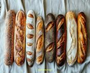 Prompt Midjourney : A row of various artisan breads on a simple beige cloth with natural lighting. --chaos 30 --ar 16:9 --stylize 300