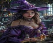 Prompt Midjourney : A beautiful witch in a purple dress and hat sits at a table with many vials of different sizes and potted plants in them, She is looking into the distance，surrounded by ivy, clear lines and intricate details, high resolution High-definition, ultra-detailed, ultra-realistic. --ar 2:3 --s 250